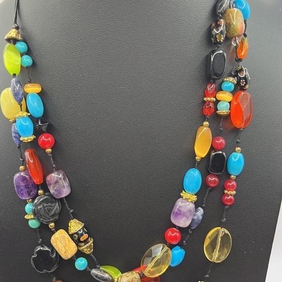 Colorful Beaded knotted Necklace with gold tone spacers - Picture 10 of 10